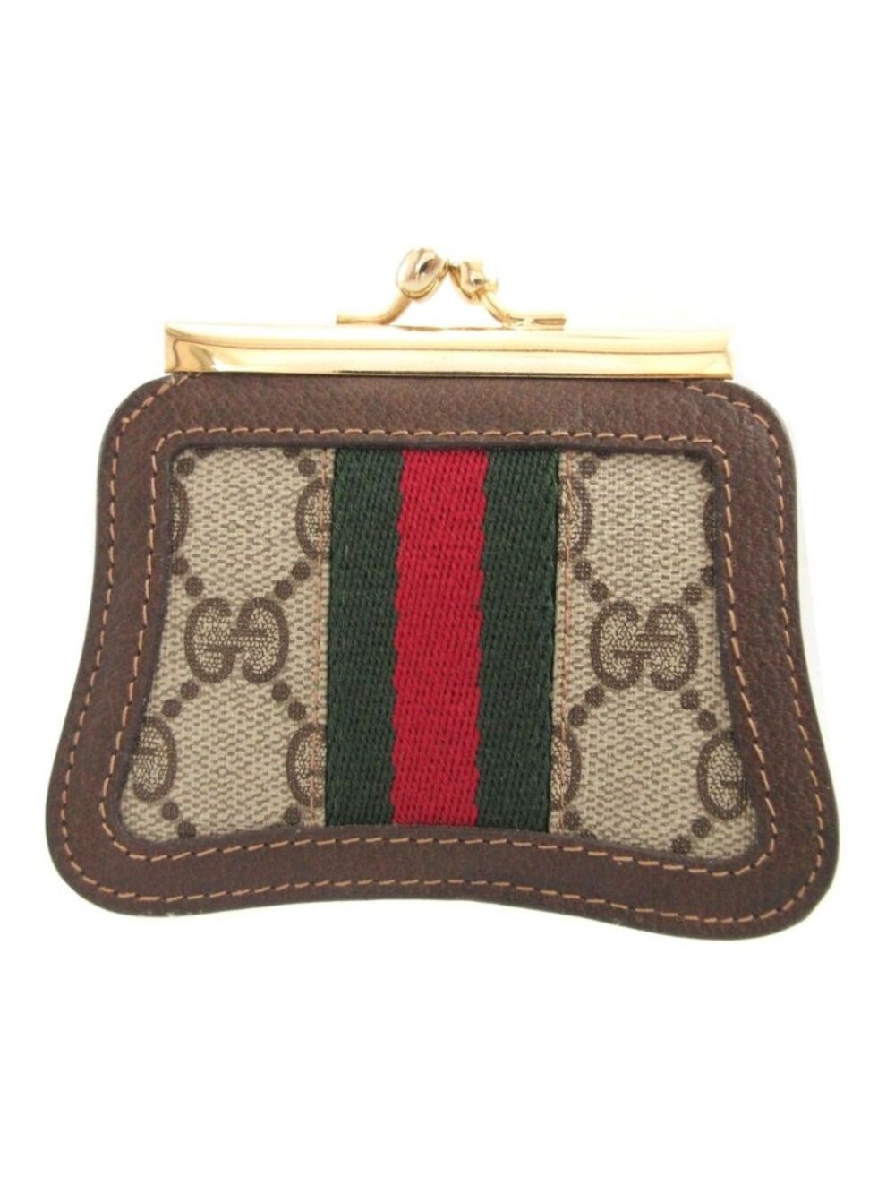 Gucci Vintage Sherry Line Leather Beige Brown Kiss Lock Coin Purse